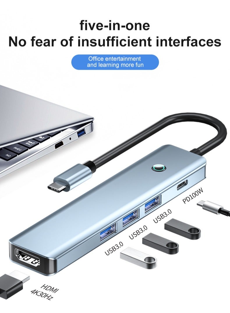 USB C to HDMI Hub, TIKNIA 5 IN 1 Multiport Adapter with Screen off Button, 4K HDMI, 3x USB-A Data Ports, 100W PD, USB-C Docking Station Dongle for Extended Displays, Compatible with MacBook Pro/Air, iPad Pro, iMac, XPS, ThinkPad, iPhone 16 series etc