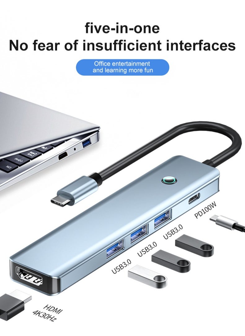 TIKNIA USB C to HDMI Hub, TIKNIA 5 IN 1 Multiport Adapter with Screen off Button, 4K HDMI, 3x USB-A Data Ports, 100W PD, USB-C Docking Station Dongle for Extended Displays, Compatible with MacBook Pro/Air, iPad Pro, iMac, XPS, ThinkPad, iPhone 16 series etc  - Image 1