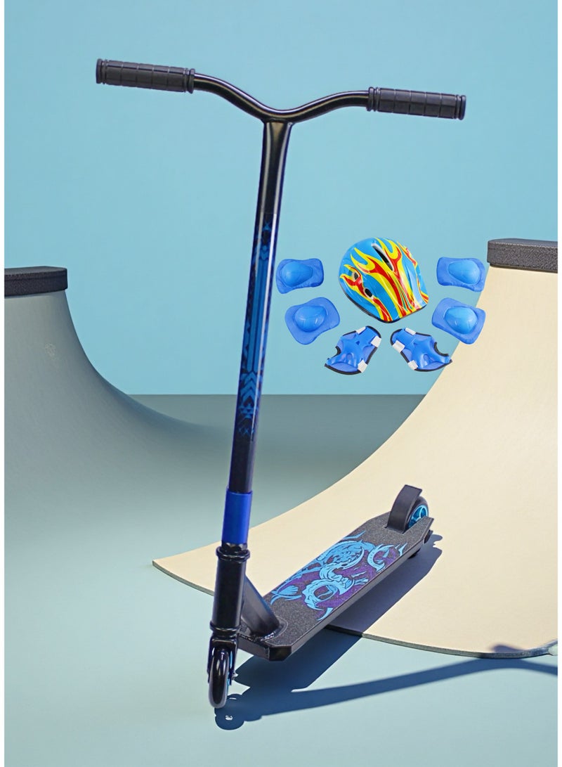 إيزي فيتشور سكوتر EASY FUTURE Pro Stunt للحركات البهلوانية - سكوتر حر بعجلتين بعجلات من الألومنيوم مقاس 110 مم، وقاعدة شريطية، ومقود عريض على شكل حرف T، وفرامل فولاذية، ودوران خفيف الوزن 360 درجة، مناسب للمبتدئين والمتوسطين، بما في ذلك مجموعة كاملة من معدات الحماية - Image 1