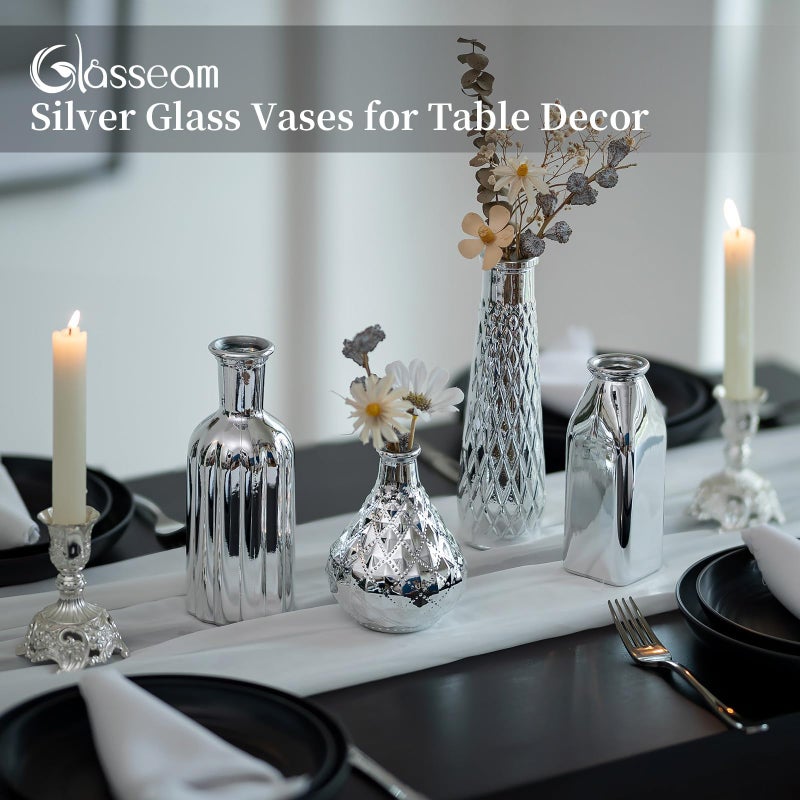 Glasseam Silver Glass Vase for Centerpieces, 4pcs Small Flower Vases Set for Floral - Durable Home Decor for Living Room, Bedroom, Bathroom, Kitchen, Mantle, Table Centerpieces - Image 2