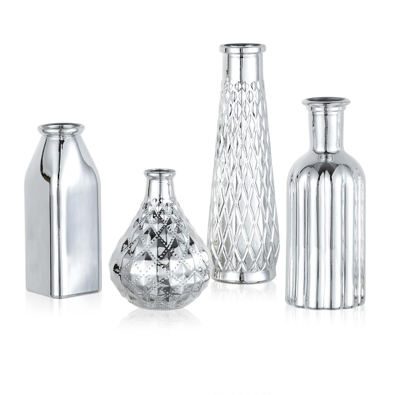 Glasseam Silver Glass Vase for Centerpieces, 4pcs Small Flower Vases Set for Floral - Durable Home Decor for Living Room, Bedroom, Bathroom, Kitchen, Mantle, Table Centerpieces - Image 1