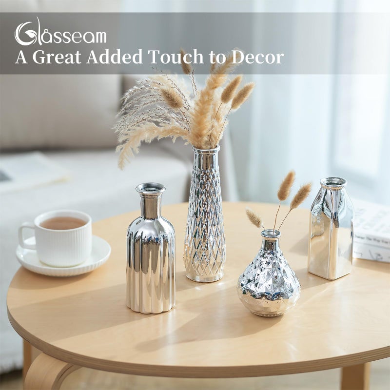 Glasseam Silver Glass Vase for Centerpieces, 4pcs Small Flower Vases Set for Floral - Durable Home Decor for Living Room, Bedroom, Bathroom, Kitchen, Mantle, Table Centerpieces - Image 4