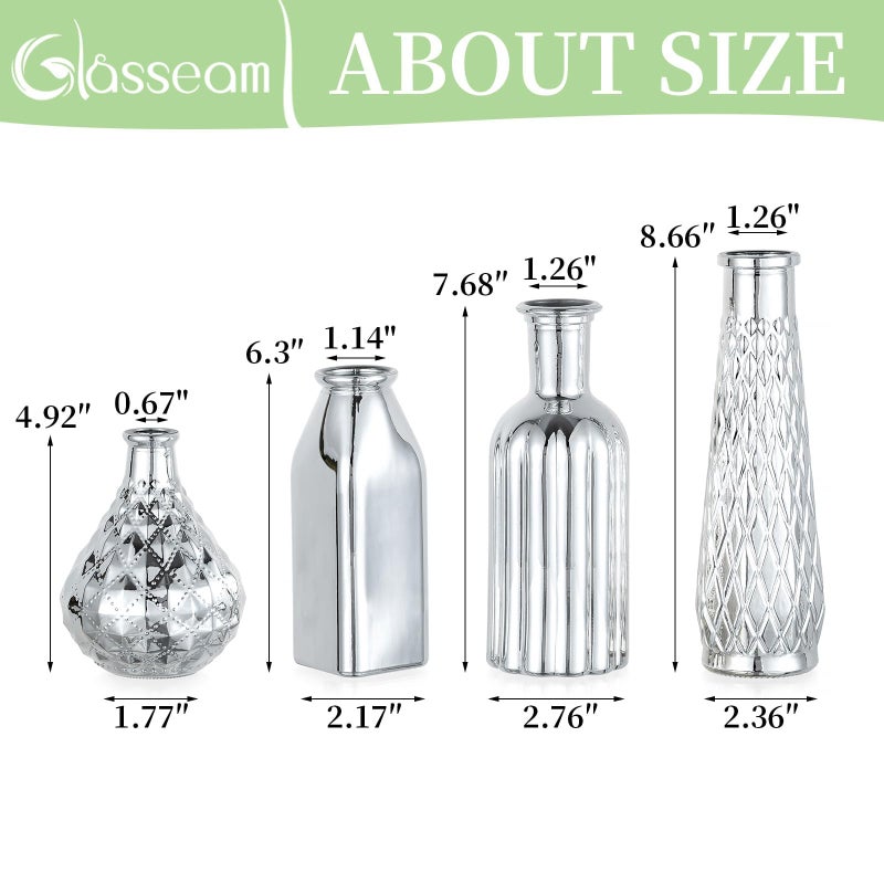 Glasseam Silver Glass Vase for Centerpieces, 4pcs Small Flower Vases Set for Floral - Durable Home Decor for Living Room, Bedroom, Bathroom, Kitchen, Mantle, Table Centerpieces - Image 3