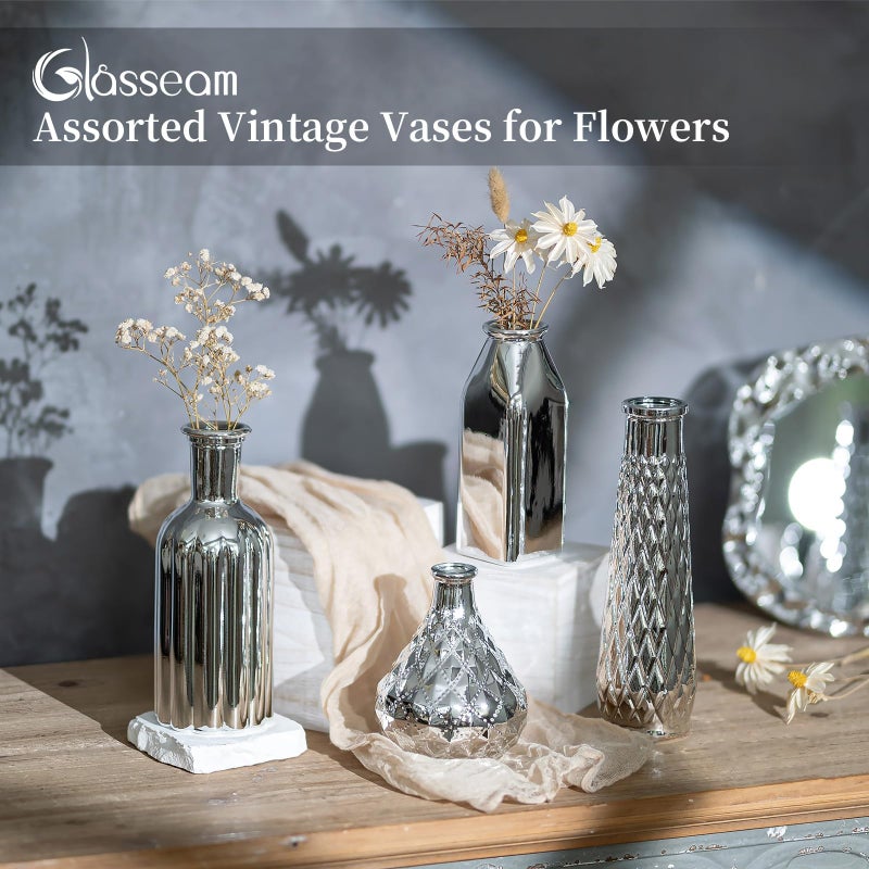 Glasseam Silver Glass Vase for Centerpieces, 4pcs Small Flower Vases Set for Floral - Durable Home Decor for Living Room, Bedroom, Bathroom, Kitchen, Mantle, Table Centerpieces - Image 5