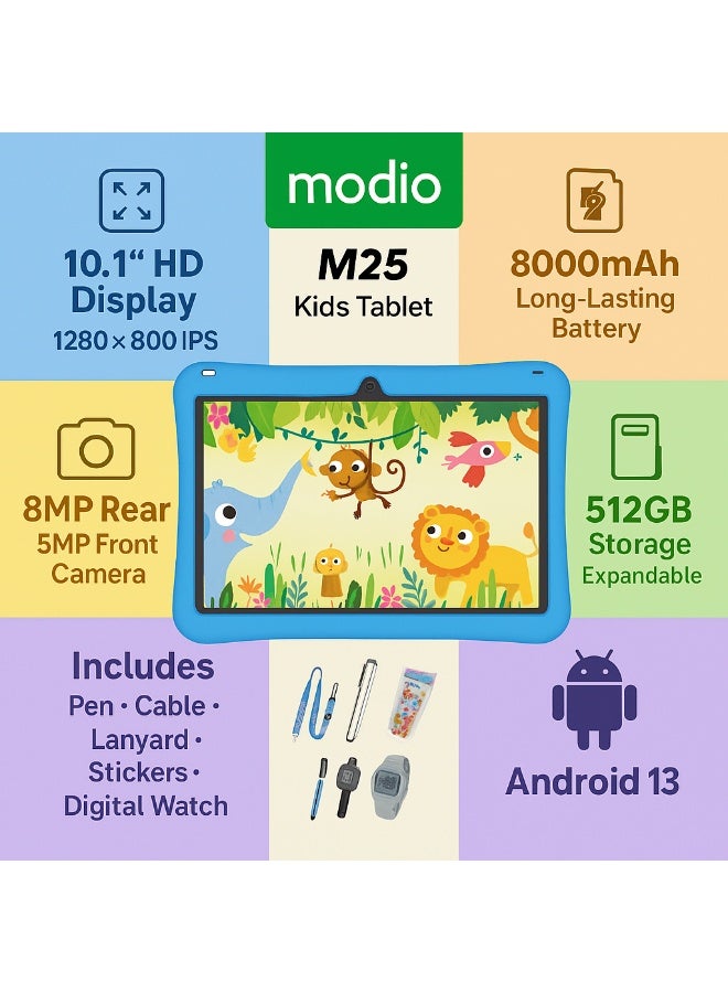 MODIO TAB Modio M25 Kids Tablet – 10.1 Inch HD Display, Android 13, 8GB RAM + 512GB Storage, 8000mAh, Dual Camera, 5G WiFi, with Pen, Watch & Stickers (Blue) - Image 5