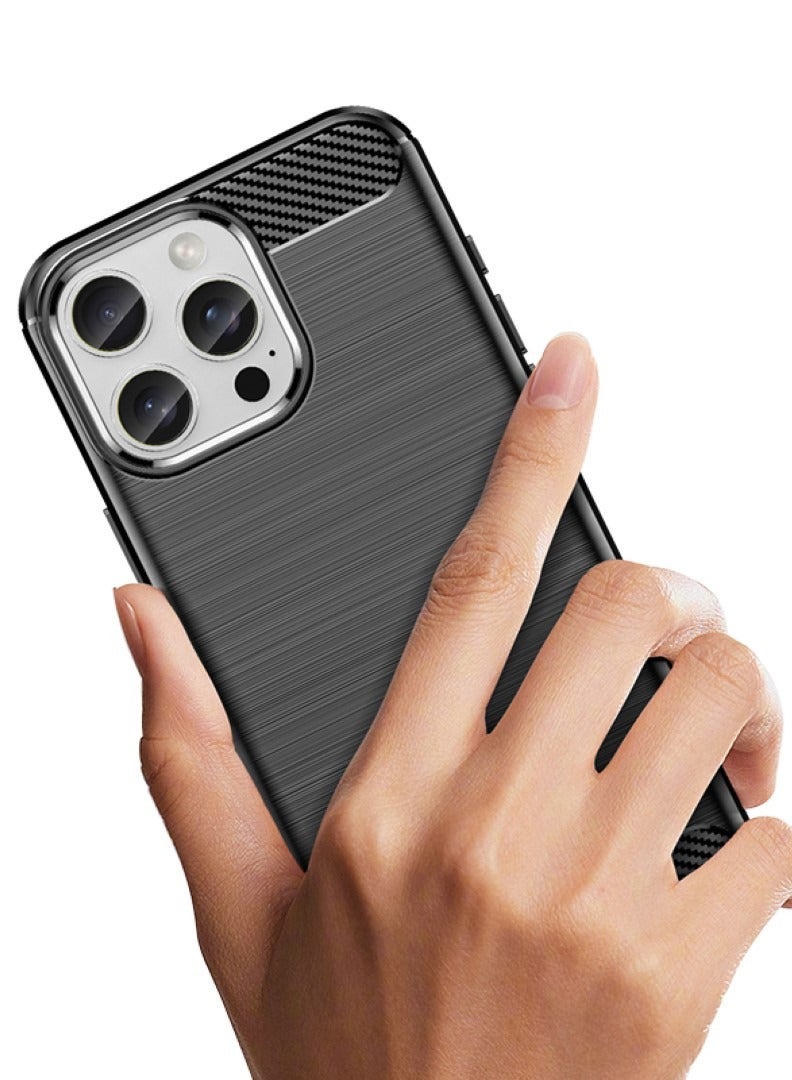 iPhone 16 Pro Max  Rugged Shield Cover – Black. Brushed carbon fiber texture, shockproof TPU, anti-slip, slim, and lightweight for durable protection. - Image 2