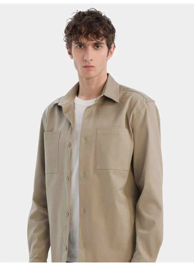 DeFacto DeFacto Mens Khaki Button-Down Long Sleeve Shirt