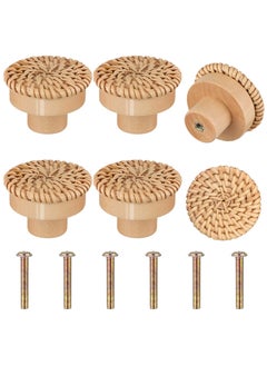 KASTWAVE Wooden Drawer Knobs, Rattan Dresser Knobs Round Handmade Wicker Woven and Screws for Boho Furniture Knobs Cabinets Dresser Handles Hardware Pulls Cabinet Knobs Wood Color  - Image 1