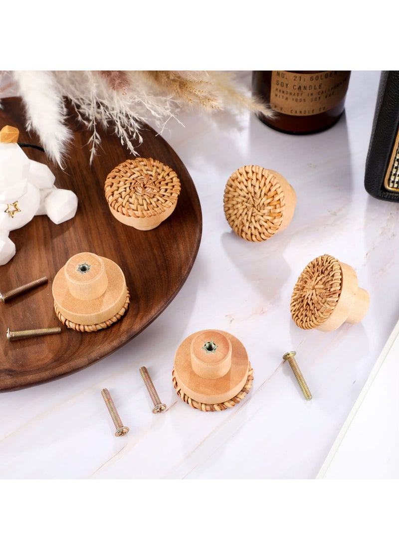 KASTWAVE Wooden Drawer Knobs, Rattan Dresser Knobs Round Handmade Wicker Woven and Screws for Boho Furniture Knobs Cabinets Dresser Handles Hardware Pulls Cabinet Knobs Wood Color - Image 3