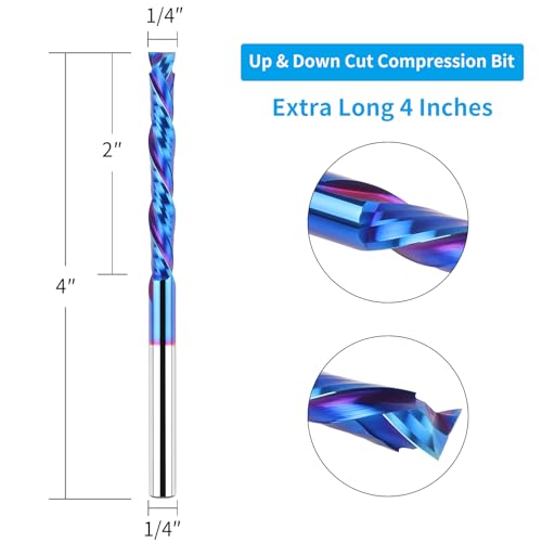 EANOSIC Extra Long Compression Spiral Router Bit with 1/4 Inch Shank 2 Inch Cutting Length 4 Inch OVL, Solid Carbide Up/Down Cut CNC Bit, Ideal for Wood Cutting, Slotting, Engraving, Carving - Image 2