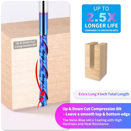 EANOSIC Extra Long Compression Spiral Router Bit with 1/4 Inch Shank 2 Inch Cutting Length 4 Inch OVL, Solid Carbide Up/Down Cut CNC Bit, Ideal for Wood Cutting, Slotting, Engraving, Carving - Image 3