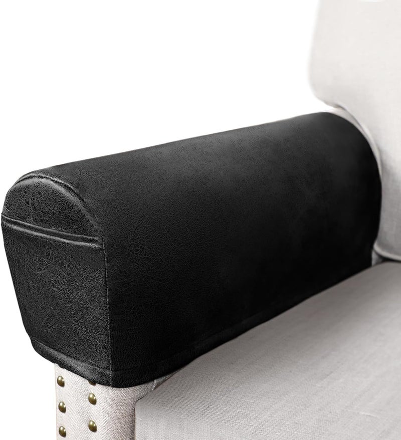 ANARACHON Leather Look Couch Arm Covers Set of 2 Armrest Covers for Sofa Chair Arm Protectors Stretch Armchair Slipcovers with Pockets Washable Spandex Fabric (Medium, Black) - Image 1