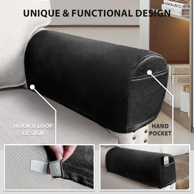 ANARACHON Leather Look Couch Arm Covers Set of 2 Armrest Covers for Sofa Chair Arm Protectors Stretch Armchair Slipcovers with Pockets Washable Spandex Fabric (Medium, Black) - Image 5