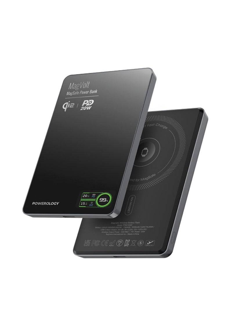 باورولوجي بنك طاقة مغناطيسي MagVolt بسعة 5000 ملّي أمبير/ساعة مع شاشة LED ذكية وشحن لاسلكي Qi2، بنك طاقة فائق النحافة PD 20W، شحن سريع، شحن سهل للهاتف، الساعة وسماعات الأذن – أسود - Image 1