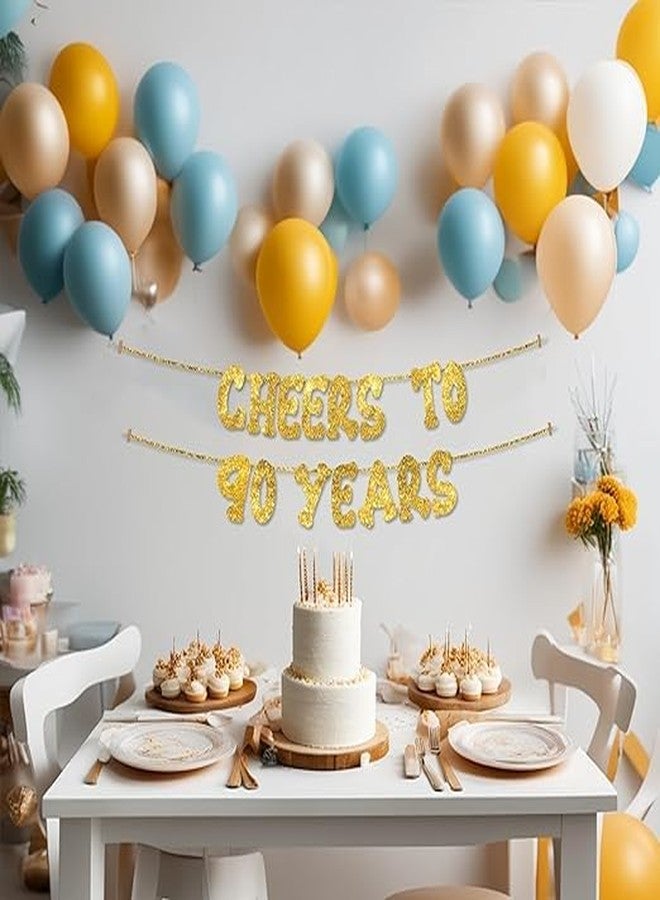TrifleArte Cheers to 90 Years Banner | 90th Birthday Party Golden Glitter Banner | Party Decorations and Supplies | Wedding Anniversary Decorations | Pre-Strung - Image 5