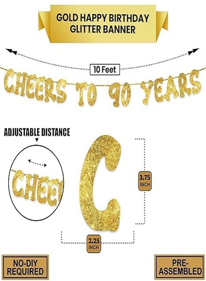 TrifleArte Cheers to 90 Years Banner | 90th Birthday Party Golden Glitter Banner | Party Decorations and Supplies | Wedding Anniversary Decorations | Pre-Strung - Image 3