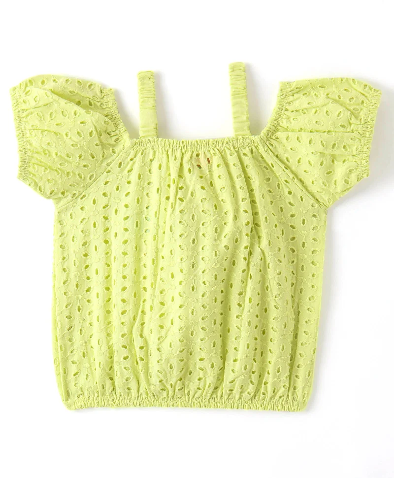 babyhug Babyhug Cotton Half Sleeve Schiffli Top With Bow Applique - Lime Green