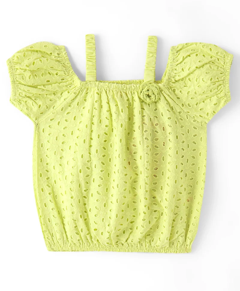 babyhug Babyhug Cotton Half Sleeve Schiffli Top With Bow Applique - Lime Green