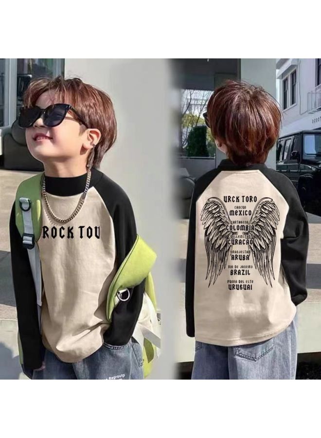 Children's Half Turtleneck Velvet Bottoming Shirt Autumn And Winter New Boys' Raglan Contrasting Color Long-sleeved T-shirt Medium And Large Kidsren's Tops