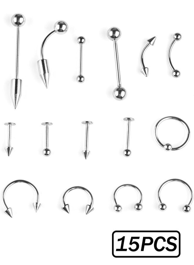 15-Piece Different Body Piercing Jewelry for All Piercings Stainless Steel Ring Set - Image 1