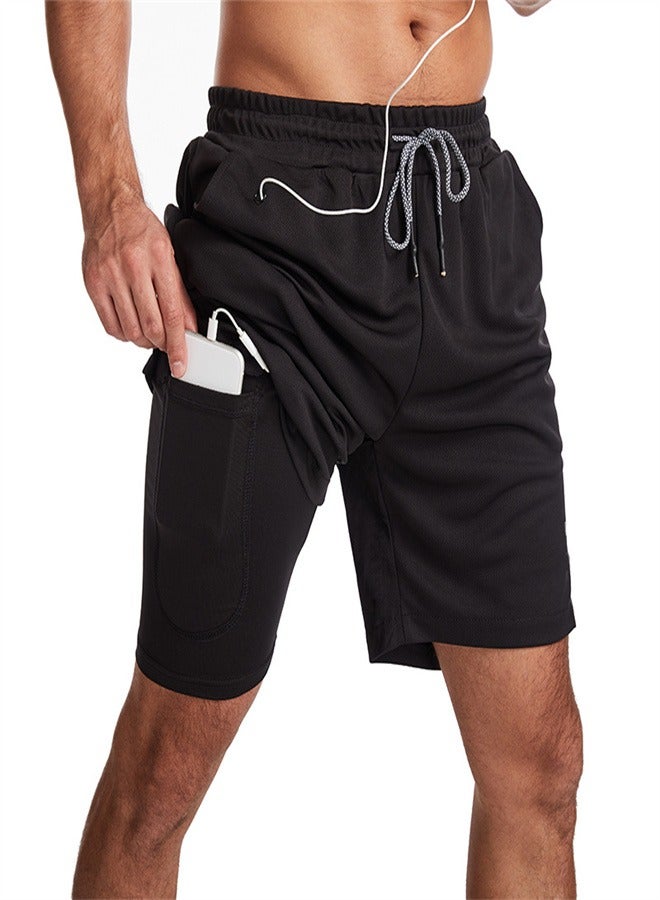 Loquat Men's 2-in-1 Quick Drying Casual Fitness Shorts Black  - Image 2
