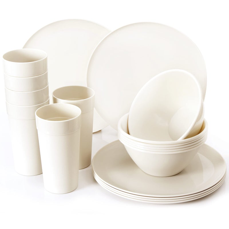 Youngever 18Piece Plastic Kitchen Dinnerware Set Plates Dishes Bowls Cups Service for 6 Cream