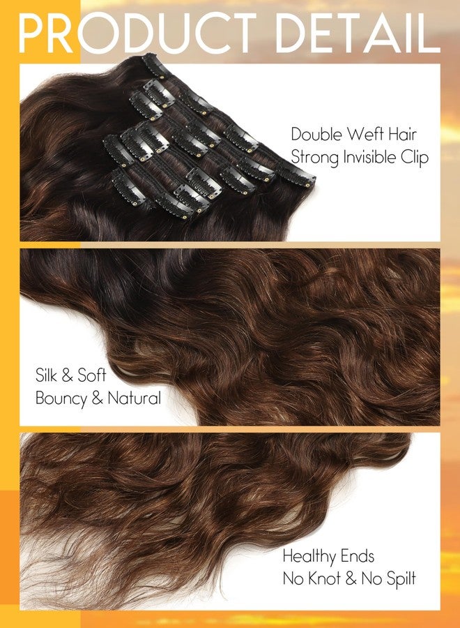 Caliee Wavy Curly Clip in Remy Human Hair Extensions Natural Wave Curl 22inch T#1B/4 Natural Black Ombre Color into Dark Brown Long Hair Clips in Hair Extension Double Weft 7Pcs 120gram Per Pack - Image 3