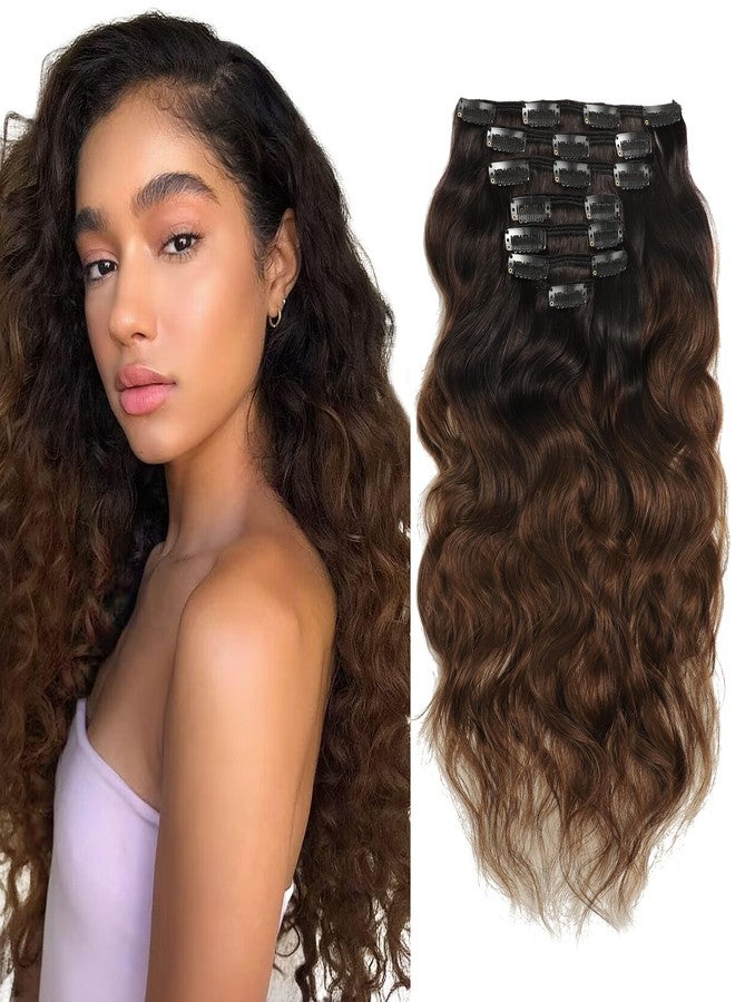 Caliee Wavy Curly Clip in Remy Human Hair Extensions Natural Wave Curl 22inch T#1B/4 Natural Black Ombre Color into Dark Brown Long Hair Clips in Hair Extension Double Weft 7Pcs 120gram Per Pack - Image 1