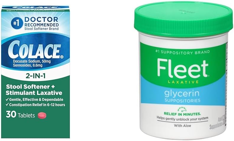 Colace 2in1 Stool Softener  Stimulant Laxative Tablets  Fleet Laxative Glycerin Suppositories for Adult Constipation Adult Laxative Jar Aloe Vera 50 Count - Image 1