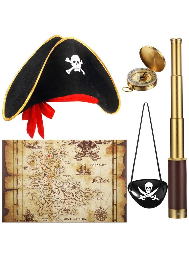 Sratte Pirate Monocular Telescope Treasure Map Pocket Compass Pirate Hat Skull Print Pirate Captain Costume 5 Pcs Pirate Party Favors Pirate Costume Spyglass Kid Compass For Pirate Party Cosplay Fancy Dress - Image 1