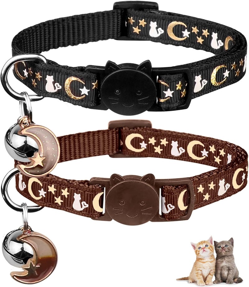 Baeuppit 2PCS Breakaway Cat Collars with Bell Cute Kitty Glow in The Dark Adjustable Kitten Collars 7.9-13.0 Inch(Brown&Black) - Image 1