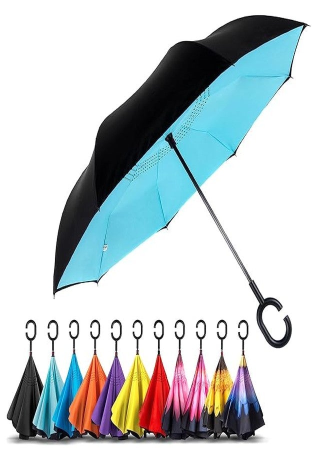 SYUTA Reverse Inverted Windproof Umbrella - Double Layer Inside-Out Folding Umbrella with C-Shaped Handle - Upside Down Design for Women & Men - Wind Resistant & Easy to Use-Multicolor - Image 1