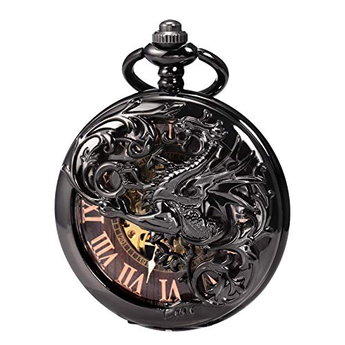 TREEWETO Mens Antique Dragon Mechanical Skeleton Pocket Watch Wooden Roman Numerals Dial Black Double Case Pocket Watches for Men - Image 1