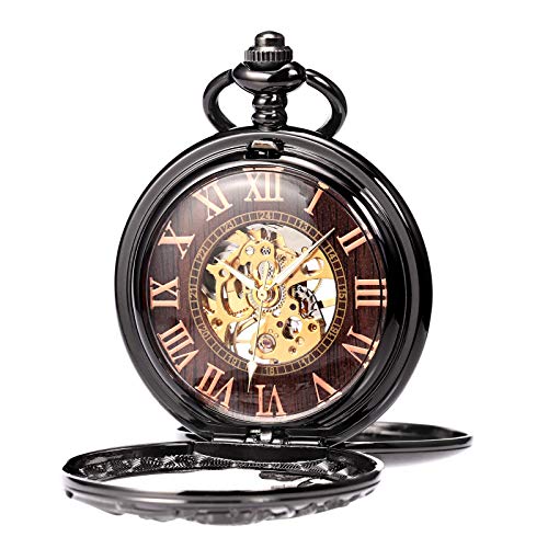 TREEWETO Mens Antique Dragon Mechanical Skeleton Pocket Watch Wooden Roman Numerals Dial Black Double Case Pocket Watches for Men - Image 2