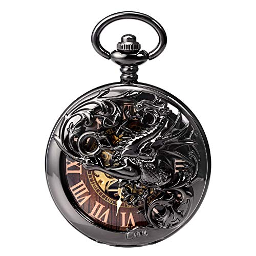 TREEWETO Mens Antique Dragon Mechanical Skeleton Pocket Watch Wooden Roman Numerals Dial Black Double Case Pocket Watches for Men - Image 3