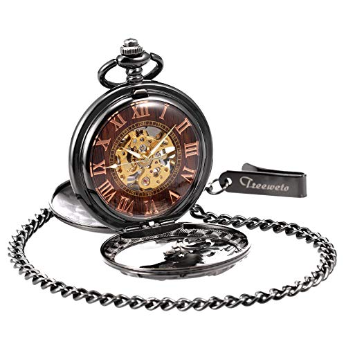 TREEWETO Mens Antique Dragon Mechanical Skeleton Pocket Watch Wooden Roman Numerals Dial Black Double Case Pocket Watches for Men - Image 5