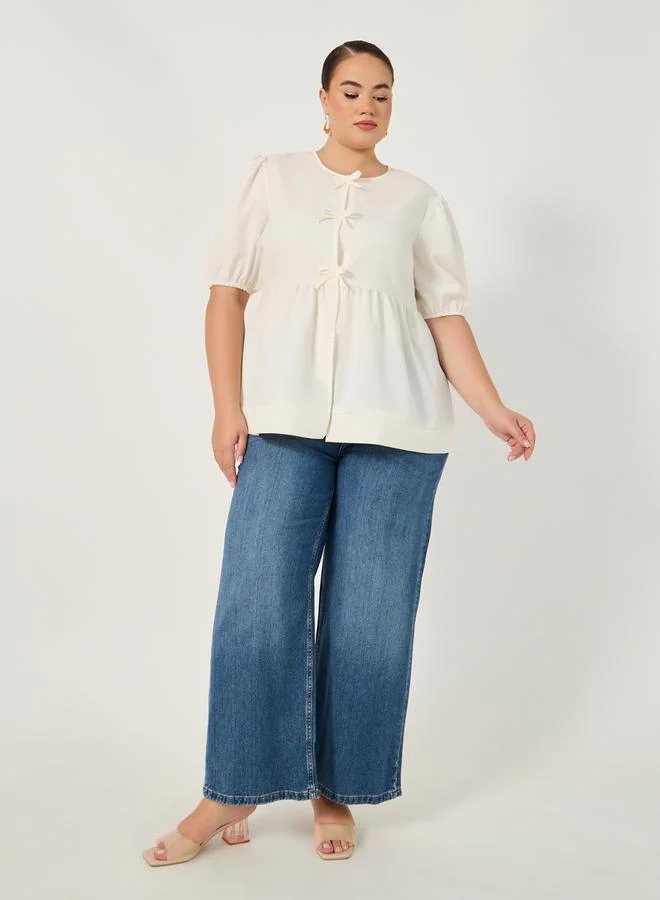 Styli Plus Size Puff Sleeve Ribbon Tie-Up Top