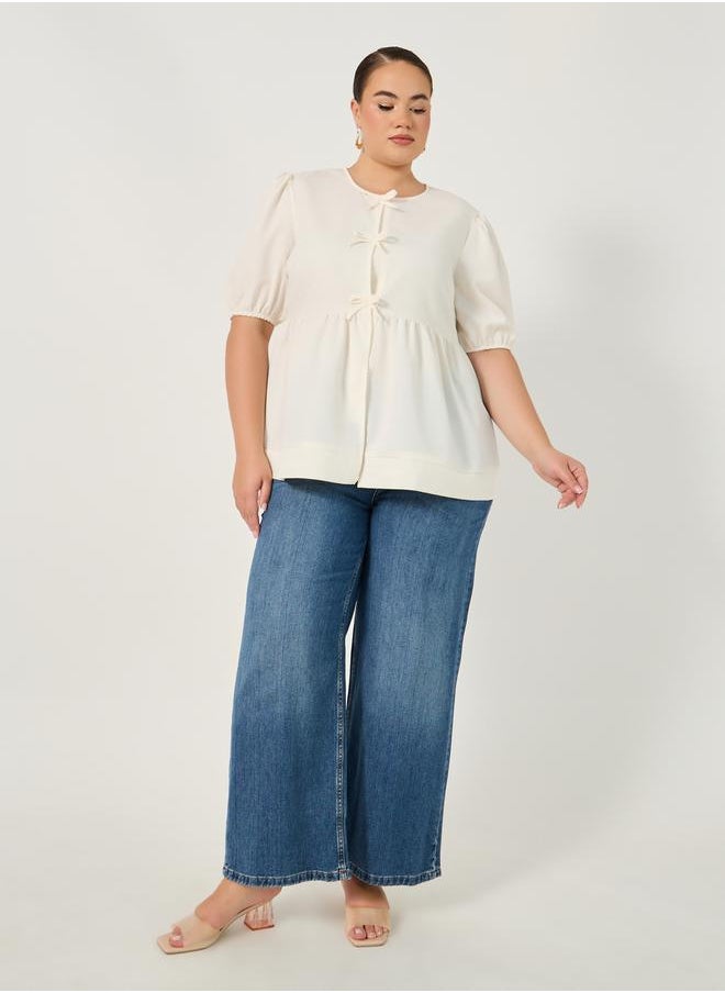 Styli Plus Size Puff Sleeve Ribbon Tie-Up Top  - Image 3