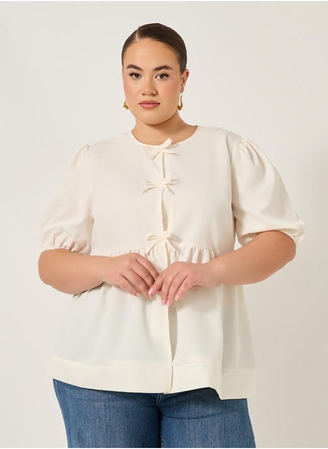 Styli Plus Size Puff Sleeve Ribbon Tie-Up Top  - Image 2