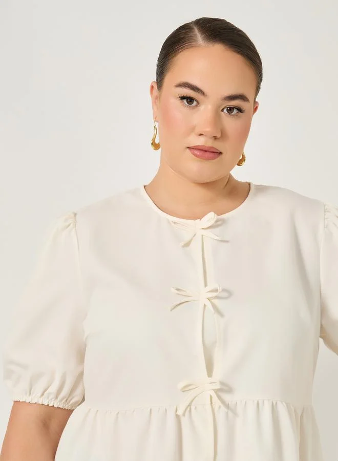 Styli Plus Size Puff Sleeve Ribbon Tie-Up Top