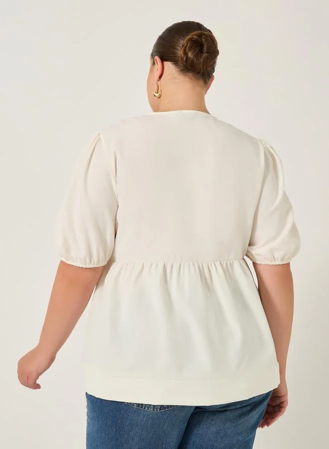 Styli Plus Size Puff Sleeve Ribbon Tie-Up Top