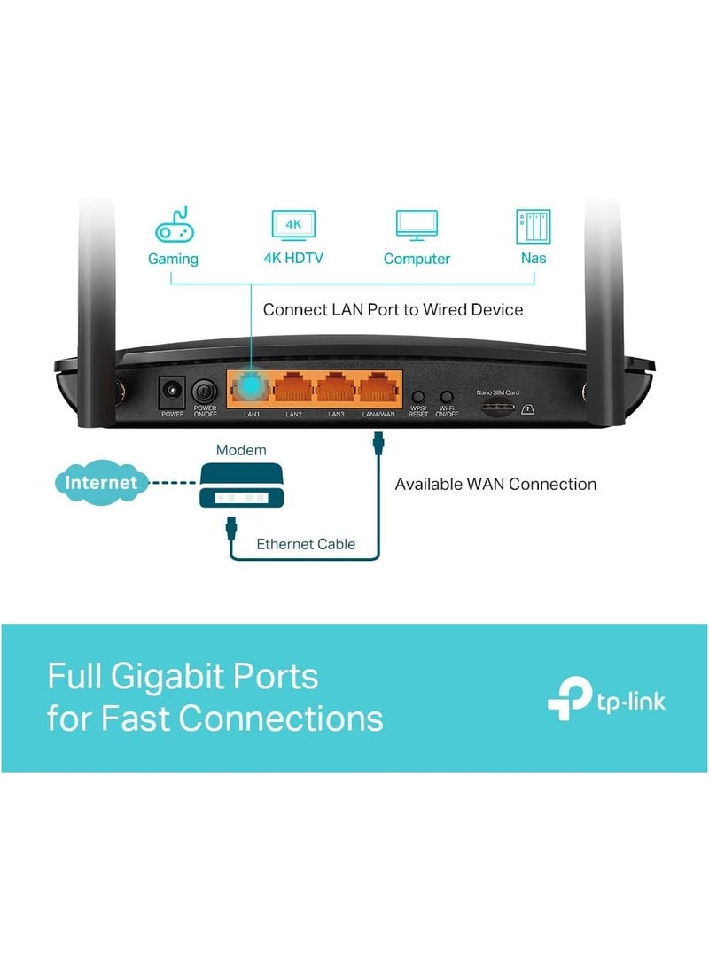 Tp-link Tl - TP-Link AC1200 4G+ Cat6 Wireless Dual Band Gigabit Router, 4G Network SIM Slot Unlocked, with MU-MIMO technology, Black - Image 1