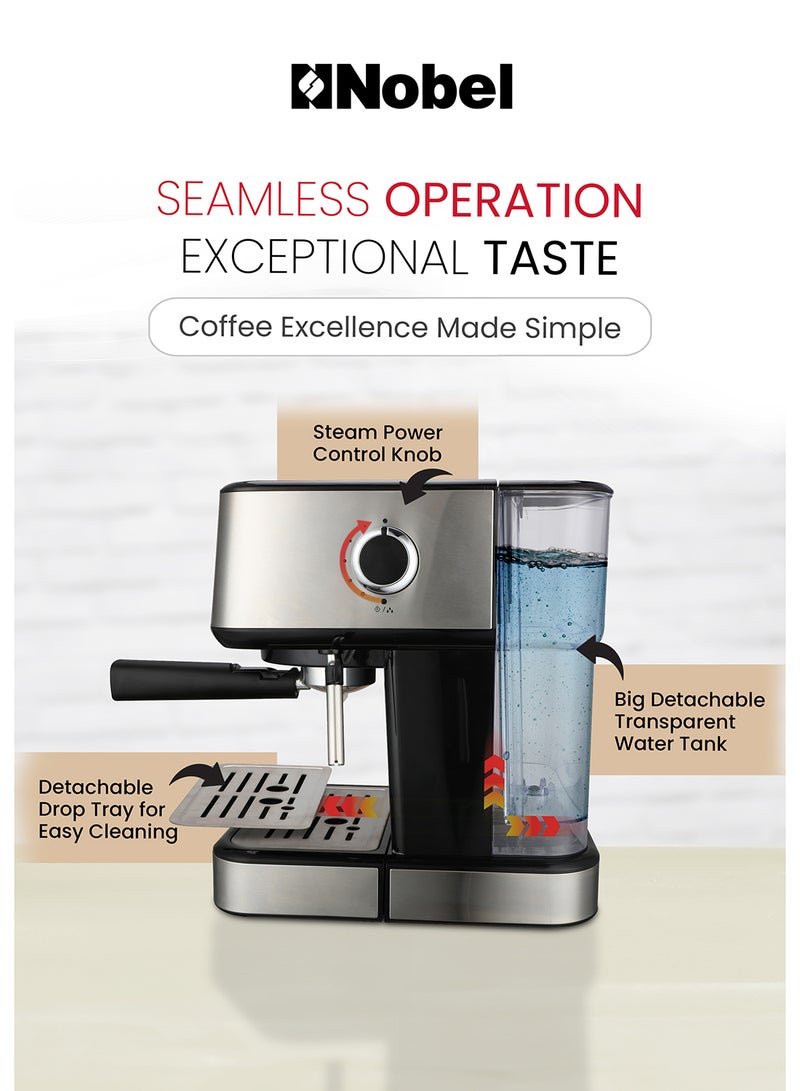 Nobel Coffee Machine, 1.5L Detachable Water Tank, Dual Stainless Steel Filter, 15 Bar Pressure Pump, High Pressure Frothing, Overheat Protection, Adjustable Steam Knob 1.5 L 1100 W NCM21 Black - Image 4