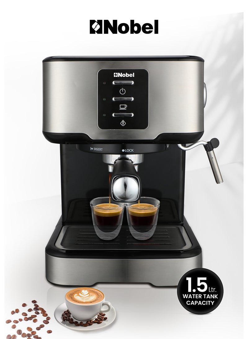 Nobel Coffee Machine, 1.5L Detachable Water Tank, Dual Stainless Steel Filter, 15 Bar Pressure Pump, High Pressure Frothing, Overheat Protection, Adjustable Steam Knob 1.5 L 1100 W NCM21 Black - Image 1