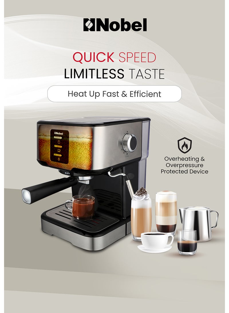 Nobel Coffee Machine, 1.5L Detachable Water Tank, Dual Stainless Steel Filter, 15 Bar Pressure Pump, High Pressure Frothing, Overheat Protection, Adjustable Steam Knob 1.5 L 1100 W NCM21 Black - Image 5