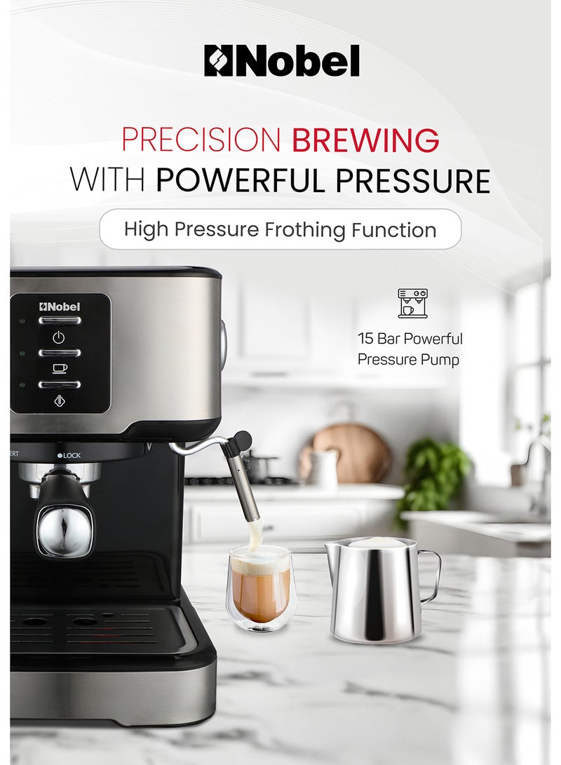 Nobel Coffee Machine, 1.5L Detachable Water Tank, Dual Stainless Steel Filter, 15 Bar Pressure Pump, High Pressure Frothing, Overheat Protection, Adjustable Steam Knob 1.5 L 1100 W NCM21 Black - Image 3