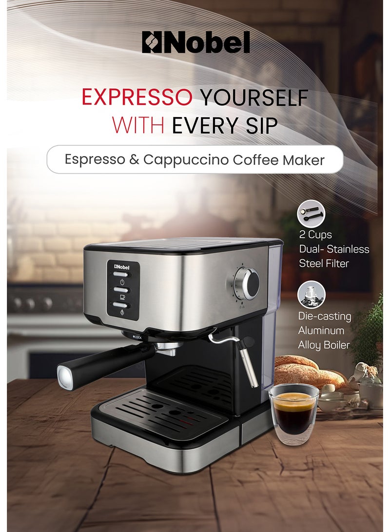 Nobel Coffee Machine, 1.5L Detachable Water Tank, Dual Stainless Steel Filter, 15 Bar Pressure Pump, High Pressure Frothing, Overheat Protection, Adjustable Steam Knob 1.5 L 1100 W NCM21 Black - Image 2