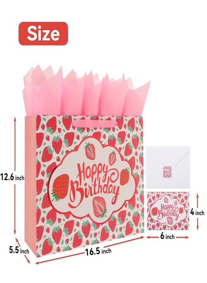wishinside 16.5 Inch Extra Large Strawberry Gift Bags Set with Handles, Greeting Card, Tissue Paper and Stickers for Girls, Kids, Teens, Women, Fruit Birthday Design, 1 Piece - Image 2