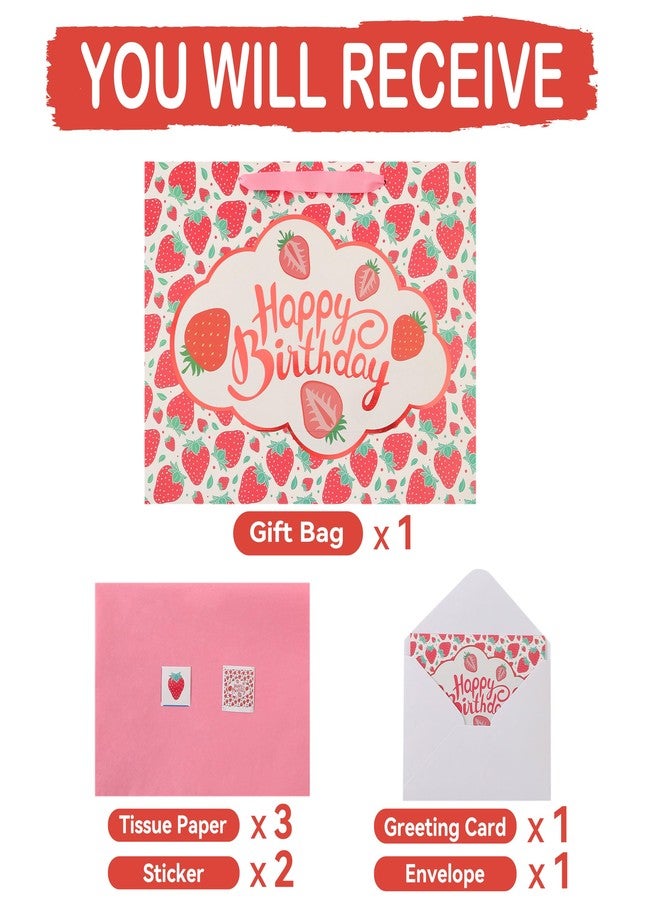 wishinside 16.5 Inch Extra Large Strawberry Gift Bags Set with Handles, Greeting Card, Tissue Paper and Stickers for Girls, Kids, Teens, Women, Fruit Birthday Design, 1 Piece - Image 3