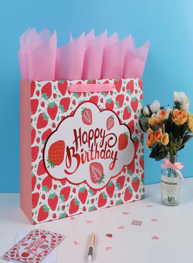 wishinside 16.5 Inch Extra Large Strawberry Gift Bags Set with Handles, Greeting Card, Tissue Paper and Stickers for Girls, Kids, Teens, Women, Fruit Birthday Design, 1 Piece - Image 5